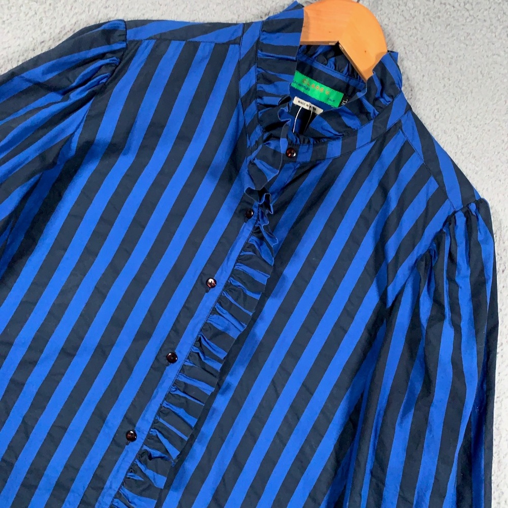Clare V. Colette Ruffle Blouse Womens XL Blue Striped Long Sleeve Cotton Top